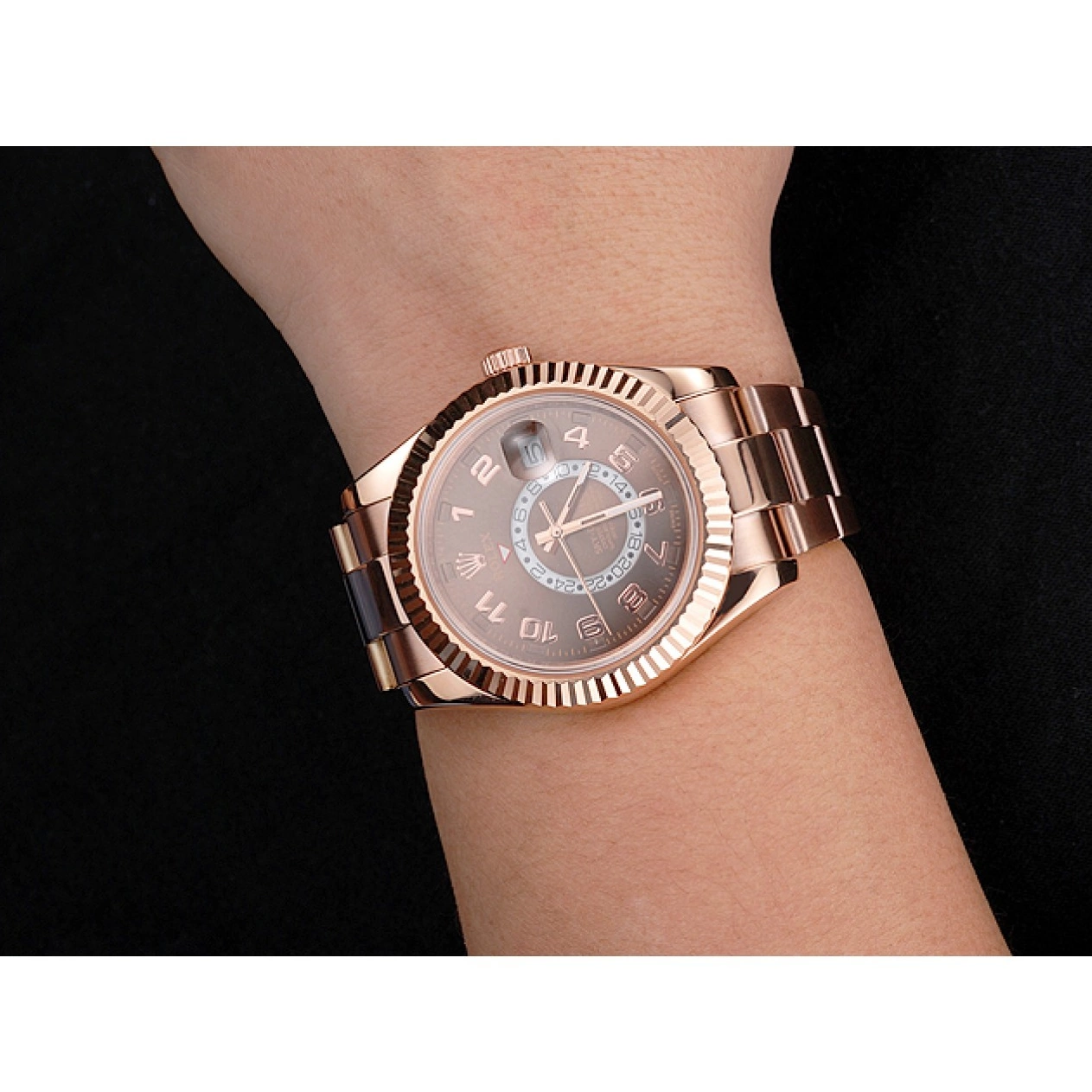 Aaa replica Case Rose Brown Rolex Ad Dweller Dial Bracelet Sky Gold 0723